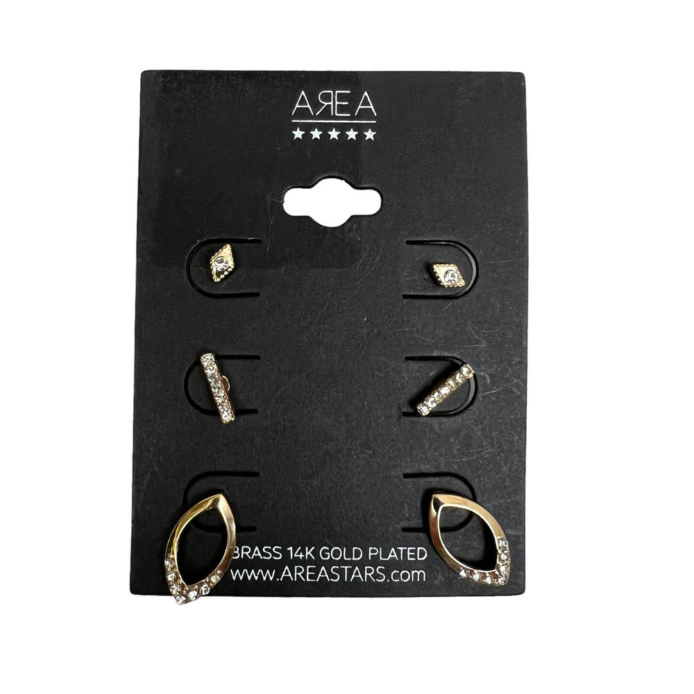 AREA STARS Brass 14k Gold Plated‎ Studded Earrings Set of 3 Pairs